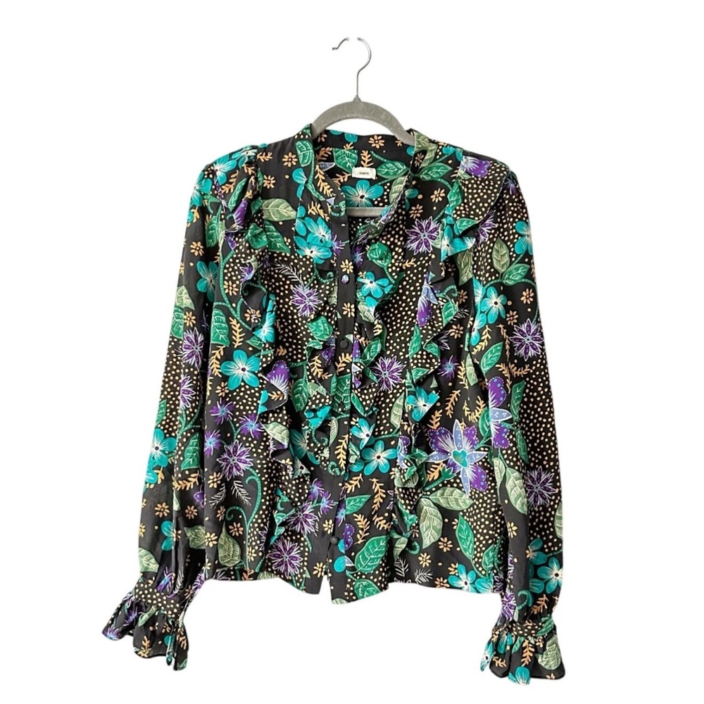 Warm Silk Midnight Bloom Blouse Black Floral Ruffle Button Down Women Medium